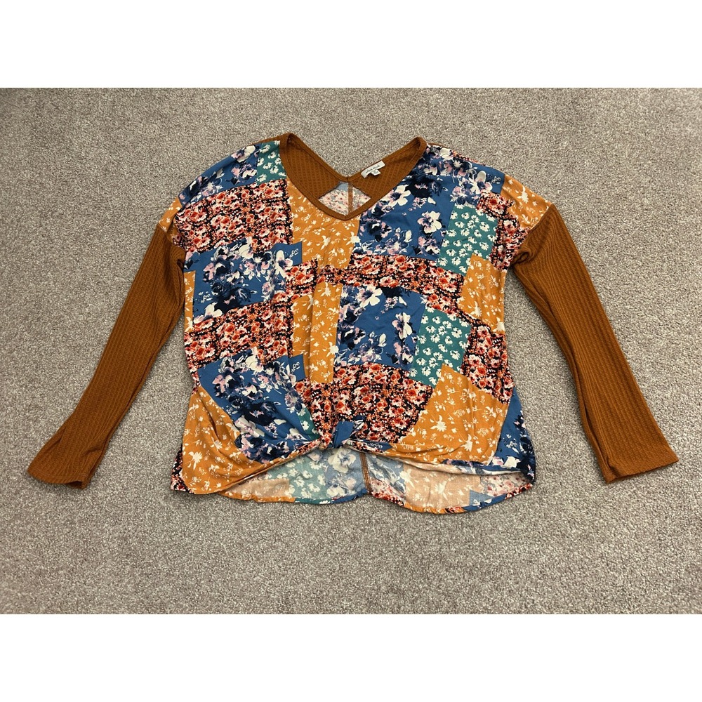 Boho White Birch Patchwork Floral Top Womens XL Brown Blue Twist Front Excellent